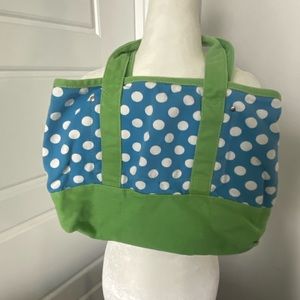 Small J Crew Tote - Blue with White Polka dots and Green Handles/Trim